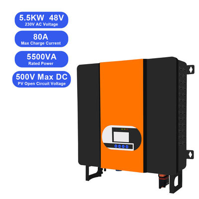 এলসিডি ডিসপ্লে 5.5KW 48V থেকে 110V 220V এমপিপিটি সৌর চার্জার এসি ভোল্টেজ 230VAC সহ হাইব্রিড ইনভার্টার